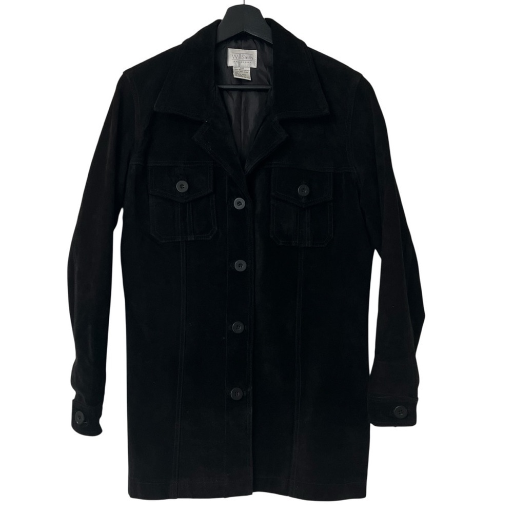 Vintage Willi Smith Suede Leather Button Front Longline Jacket Black Small 90s